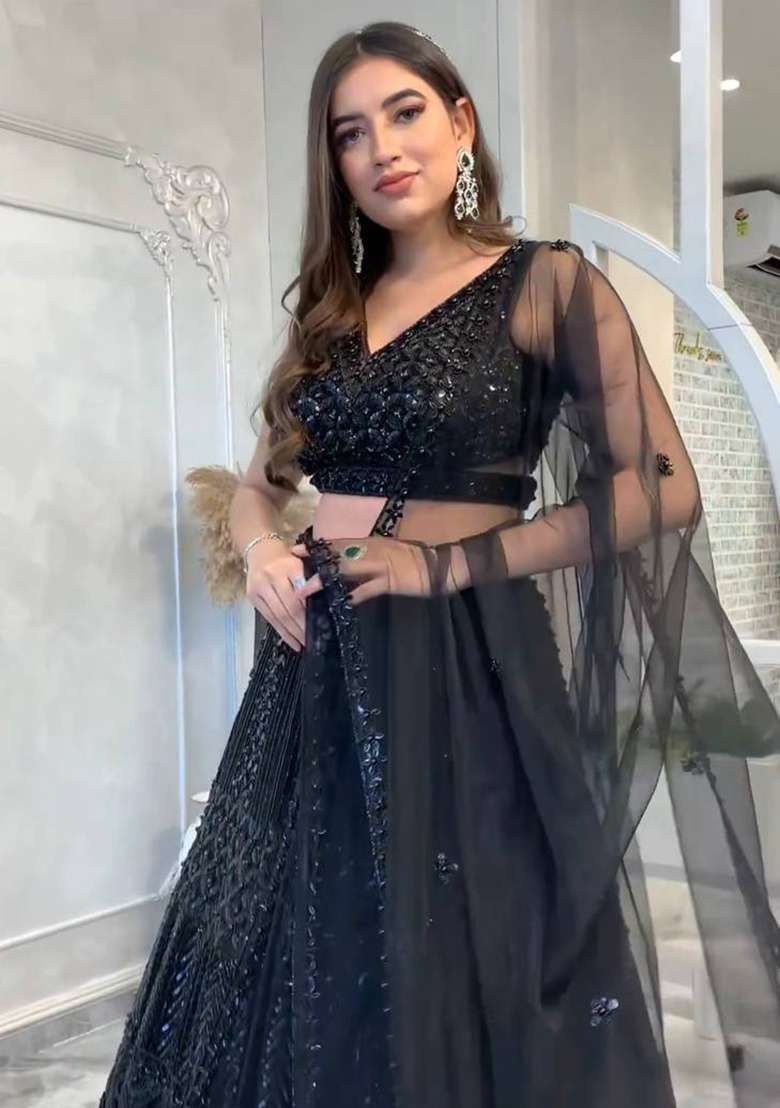 Black Work Net Lehenga Set with Sequin for Diwali | Wedding & Festive Wear - Indya