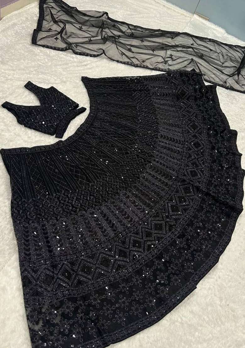 Black Work Net Lehenga Set with Sequin for Diwali | Wedding & Festive Wear - Indya