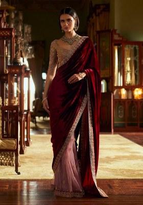 Maroon Sequin Work Velvet Saree Set