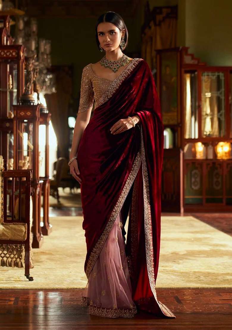 Maroon Work Velvet Saree Set with Sequin for Diwali | Wedding & Festive Wear - Indya