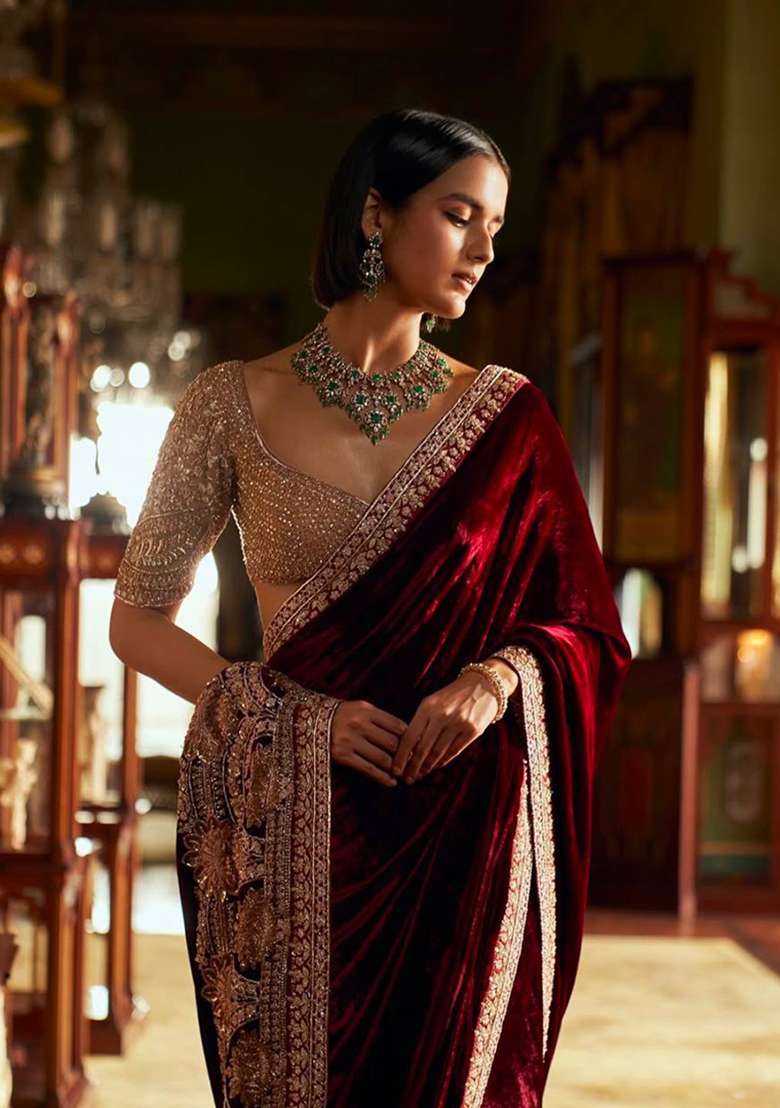 Maroon Work Velvet Saree Set with Sequin for Diwali | Wedding & Festive Wear - Indya