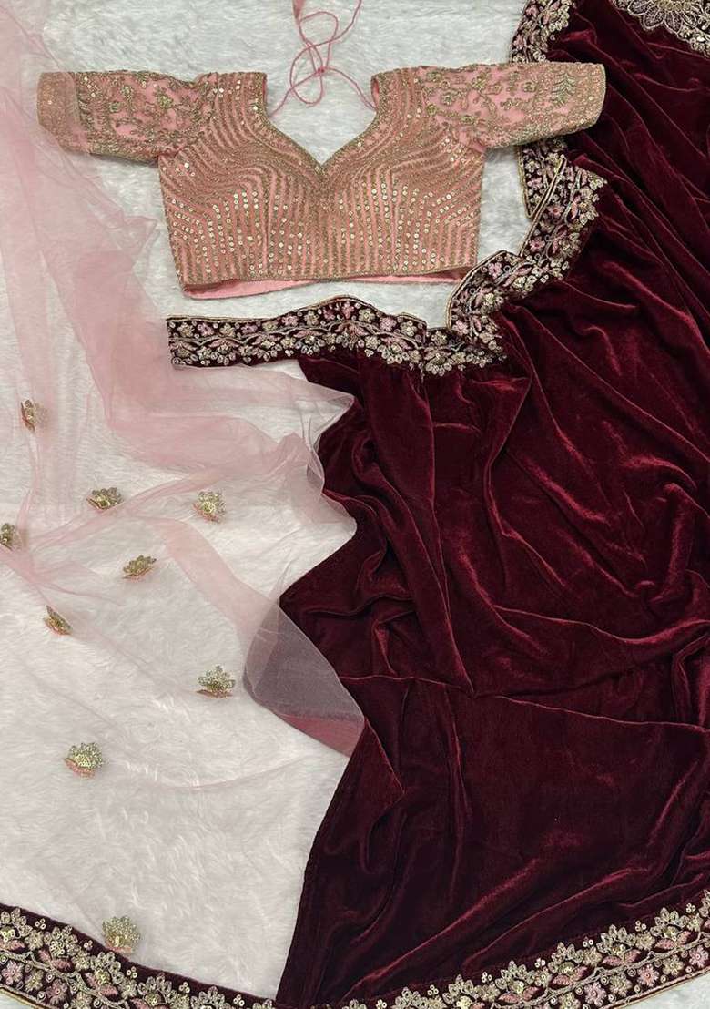 Maroon Work Velvet Saree Set with Sequin for Diwali | Wedding & Festive Wear - Indya