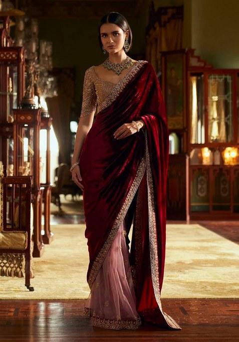 Maroon Sequin Work Velvet Saree Set