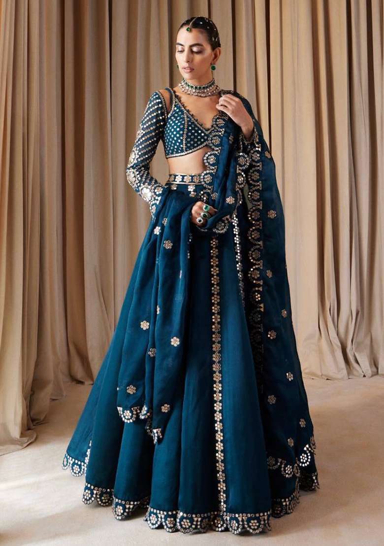 Dark Blue Sequin Work Silk Blend Lehenga Set for Diwali and Festive Wear - Indya
