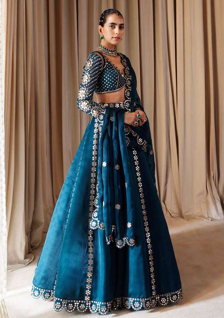 Dark Blue Sequin Work Silk Blend Lehenga Set for Diwali and Festive Wear - Indya
