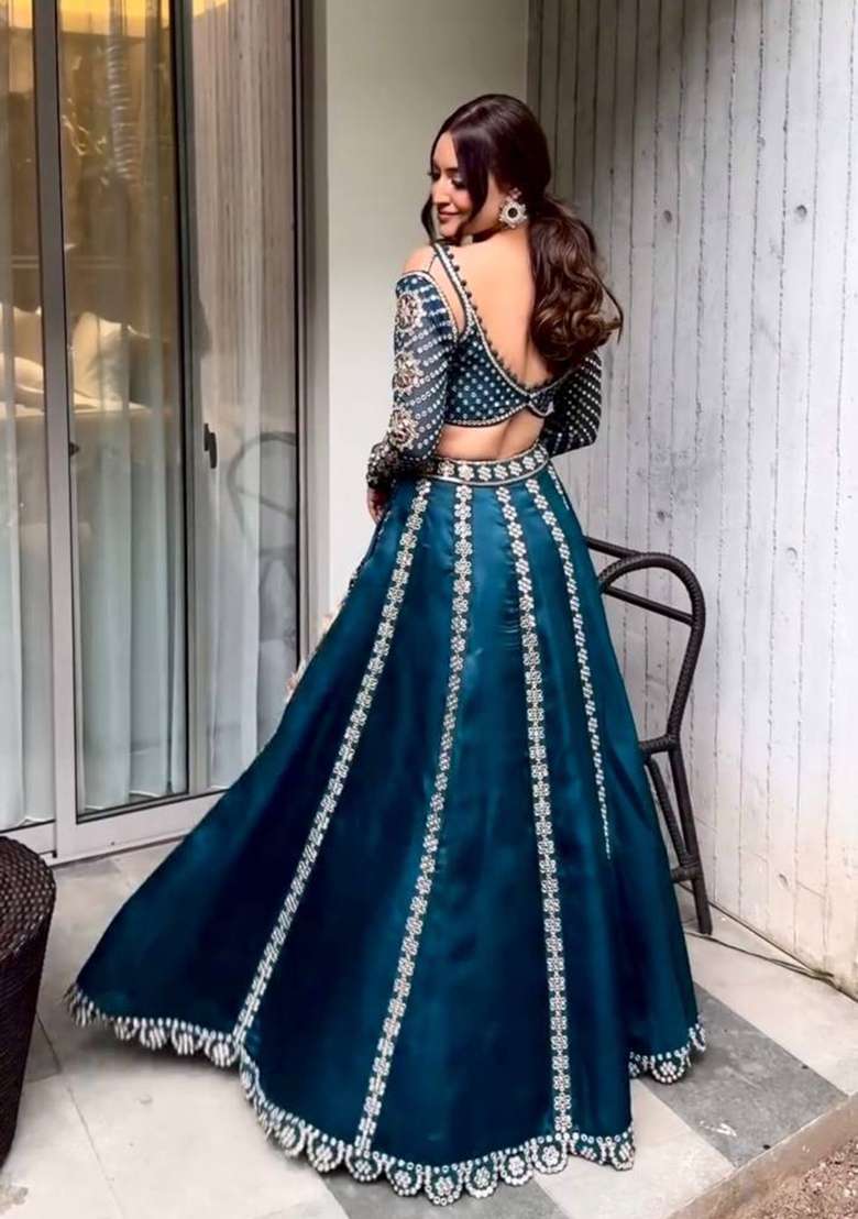 Dark Blue Sequin Work Silk Blend Lehenga Set for Diwali and Festive Wear - Indya