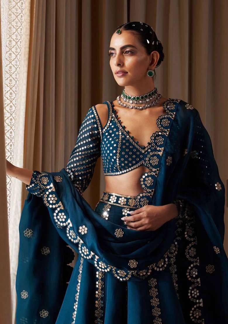 Dark Blue Sequin Work Silk Blend Lehenga Set for Diwali and Festive Wear - Indya