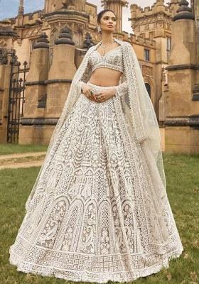 White Sequin Work Net Lehenga Set