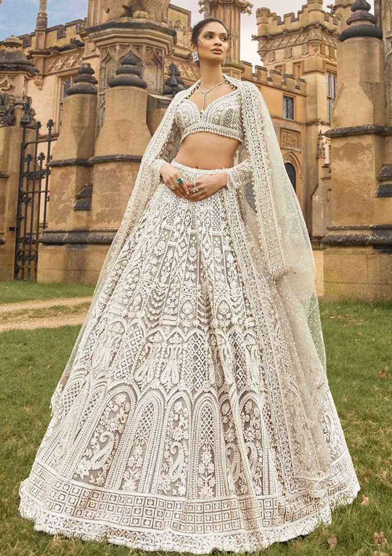White Work Net Lehenga Set with Sequin for Diwali | Wedding & Festive Wear - Indya