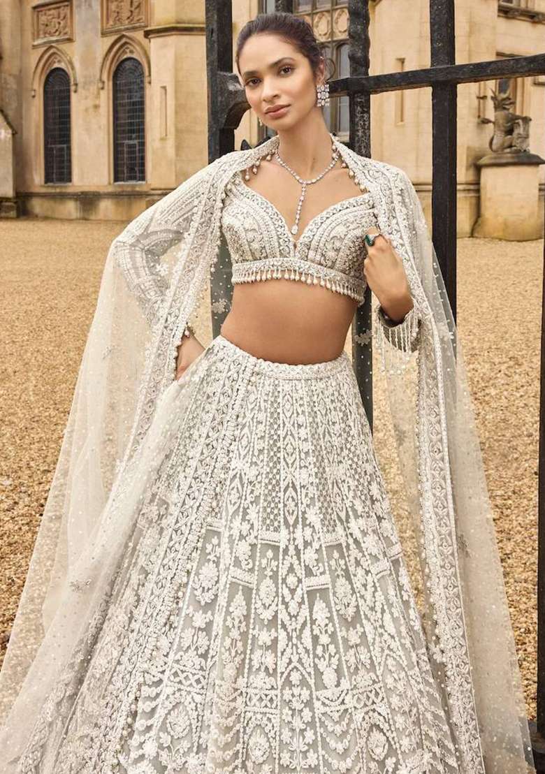White Work Net Lehenga Set with Sequin for Diwali | Wedding & Festive Wear - Indya