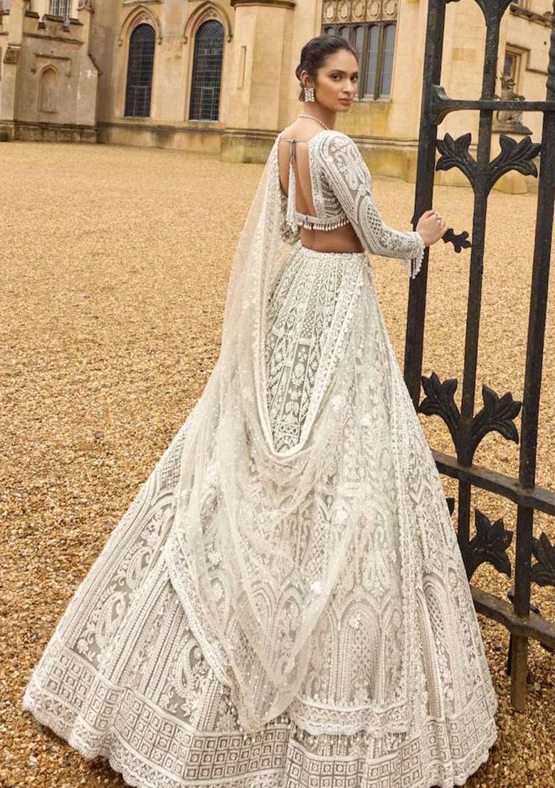 White Work Net Lehenga Set with Sequin for Diwali | Wedding & Festive Wear - Indya