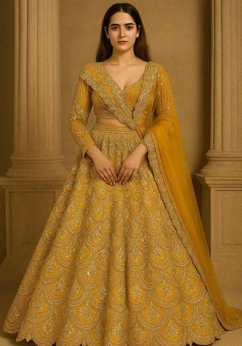 Yellow Sequin Work Silk Lehenga Set