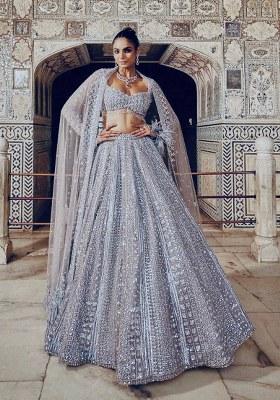 Grey Sequin Work Silk Lehenga Set