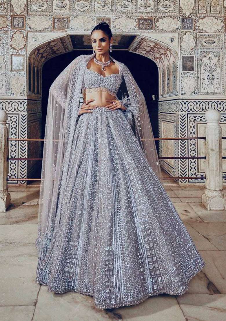 Grey Sequin Work Silk Blend Lehenga Set for Diwali and Festive Wear - Indya