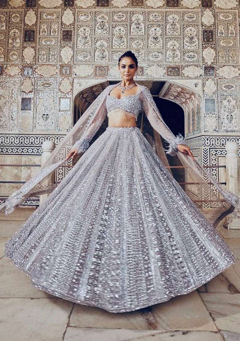 Grey Sequin Work Silk Blend Lehenga Set for Diwali and Festive Wear - Indya