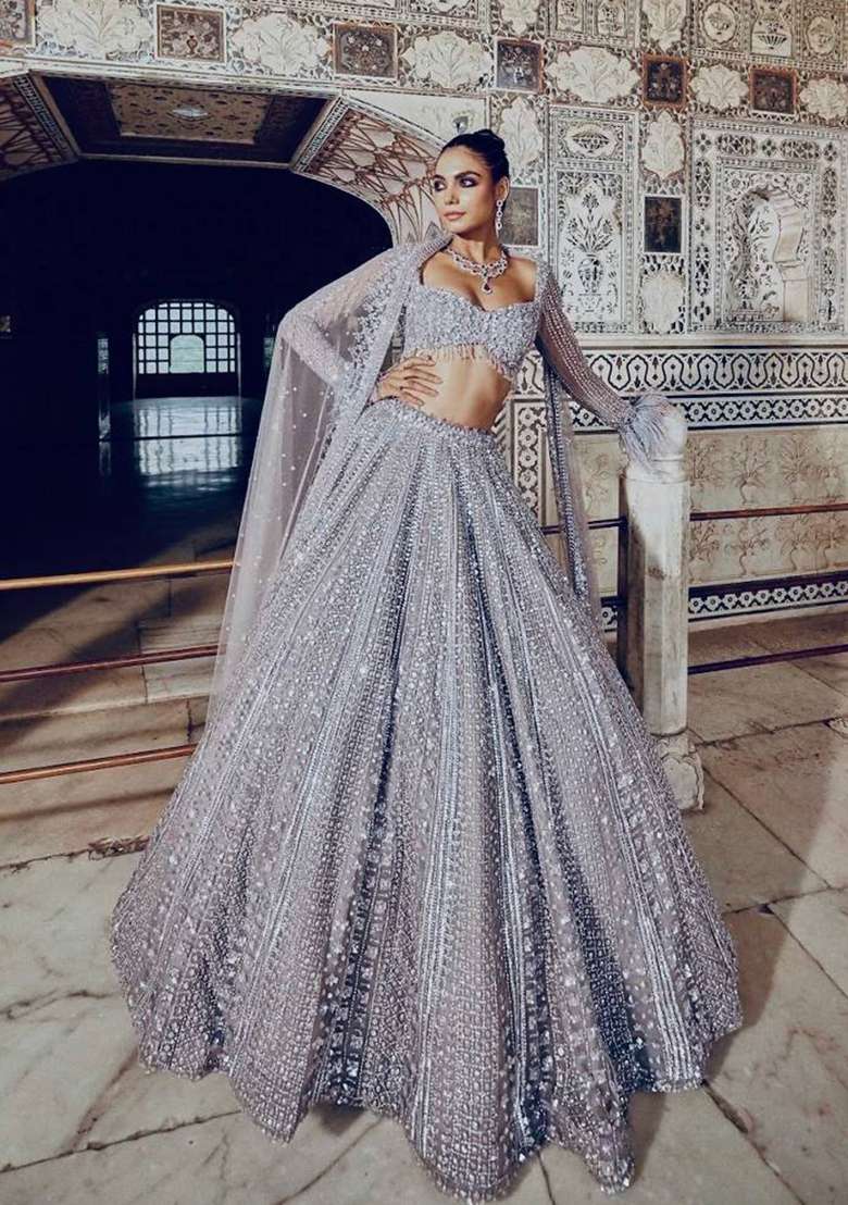 Grey Sequin Work Silk Blend Lehenga Set for Diwali and Festive Wear - Indya