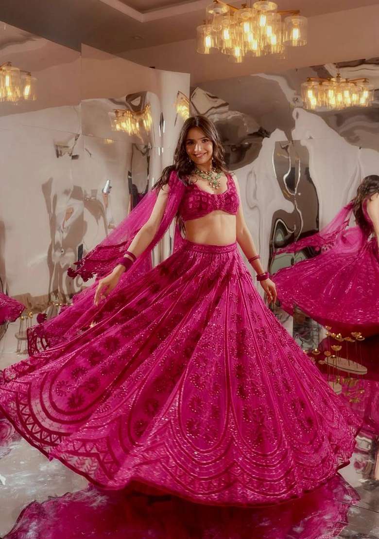 Pink Sequin Work Silk Blend Lehenga Set for Diwali and Festive Wear - Indya