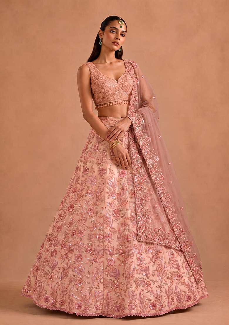 Peach Work Georgette Lehenga Set with Sequin for Diwali | Wedding & Festive Wear - Indya