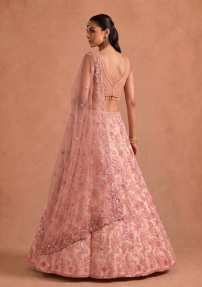 Peach Work Georgette Lehenga Set with Sequin for Diwali | Wedding & Festive Wear - Indya