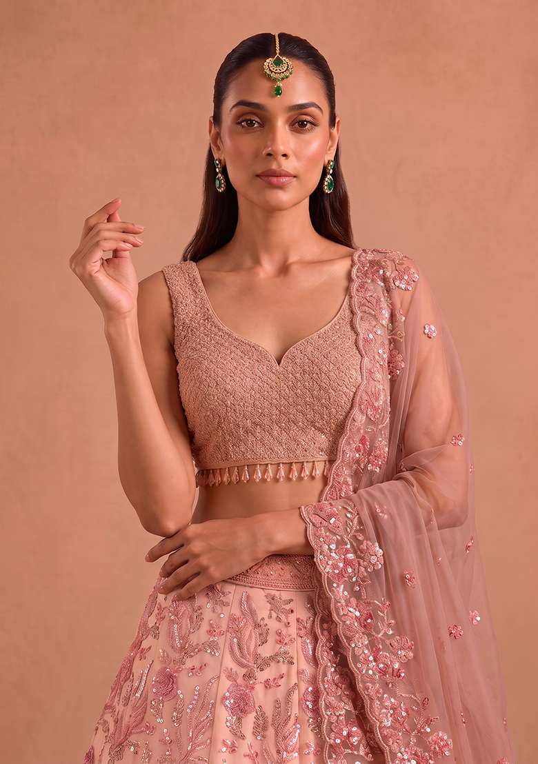 Peach Work Georgette Lehenga Set with Sequin for Diwali | Wedding & Festive Wear - Indya