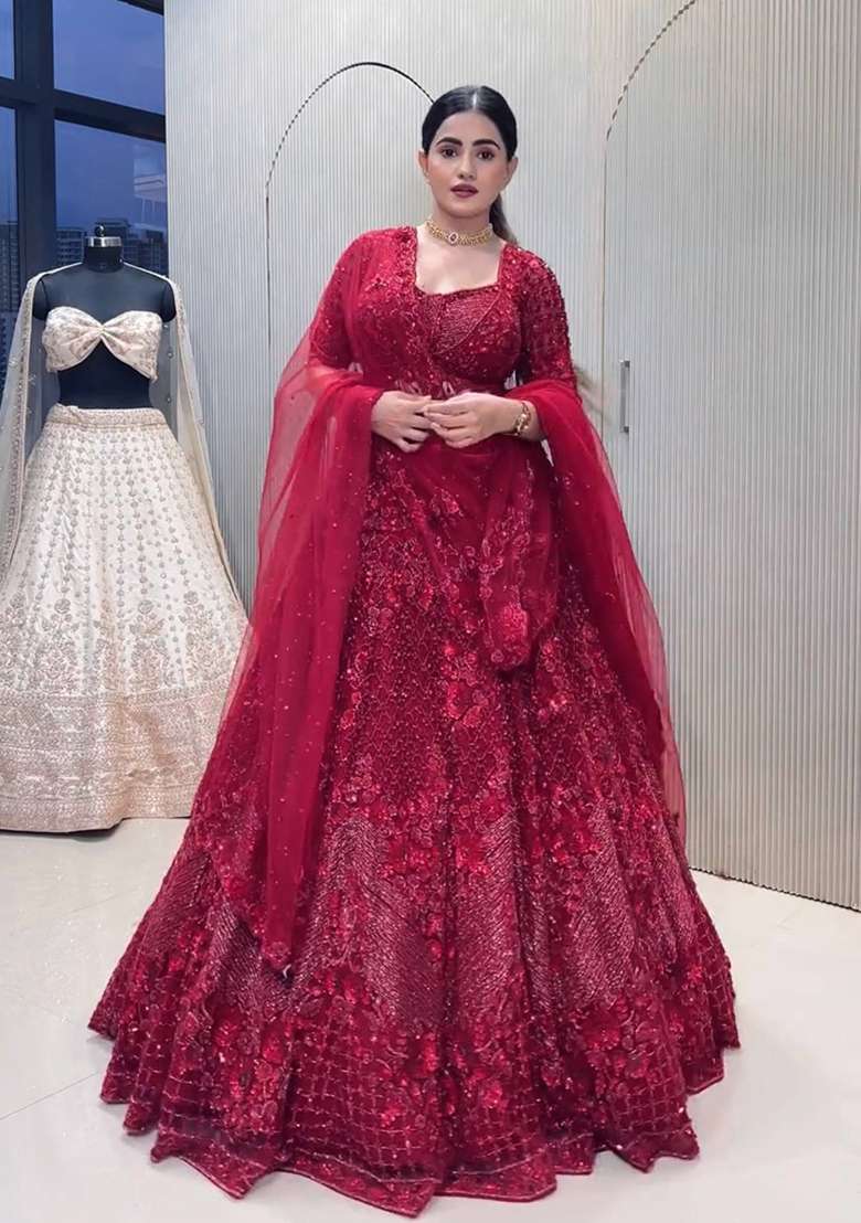 Red Work Net Lehenga Set with Sequin for Diwali | Wedding & Festive Wear - Indya