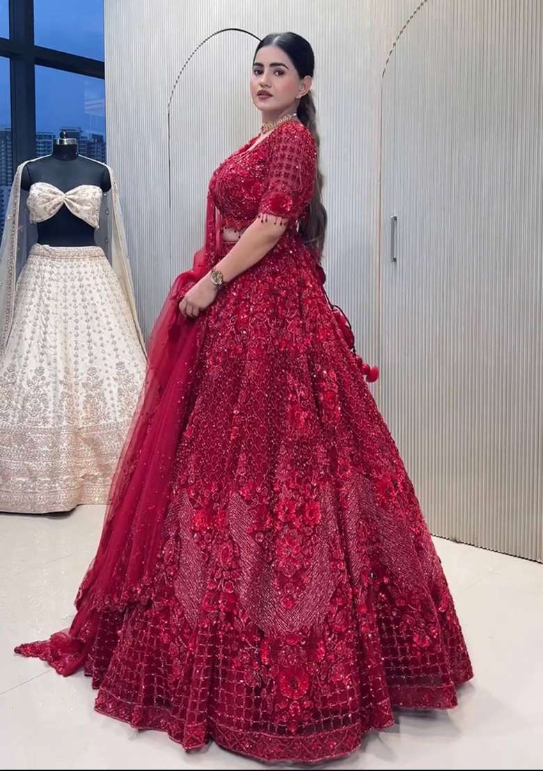 Red Work Net Lehenga Set with Sequin for Diwali | Wedding & Festive Wear - Indya