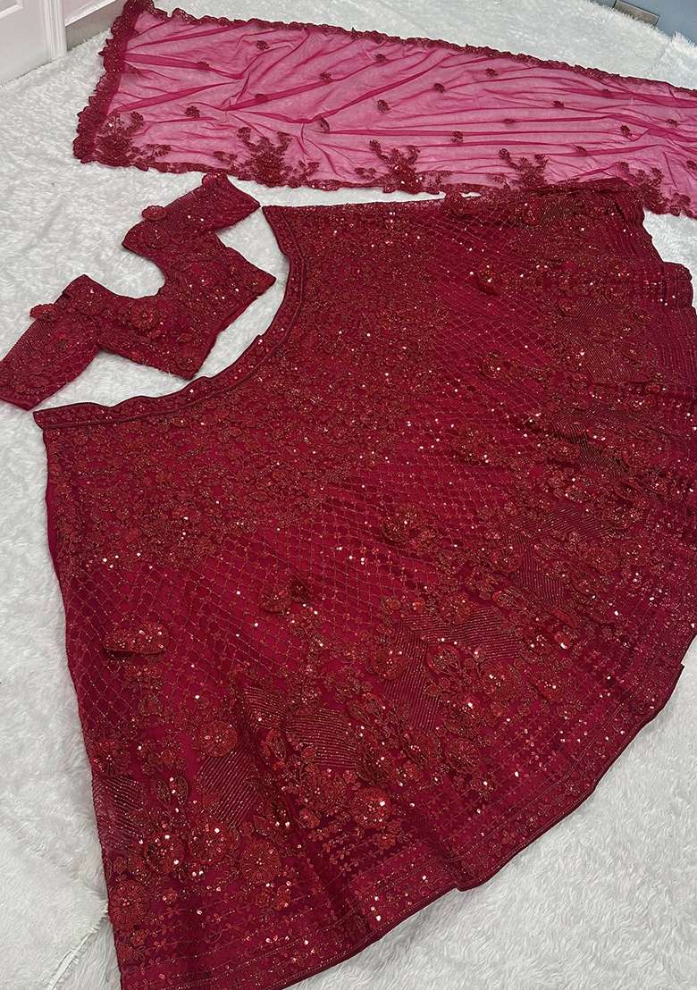 Red Work Net Lehenga Set with Sequin for Diwali | Wedding & Festive Wear - Indya