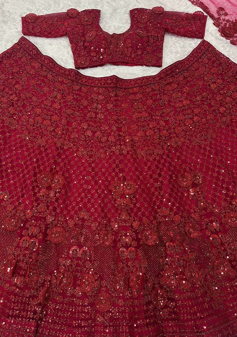 Red Work Net Lehenga Set with Sequin for Diwali | Wedding & Festive Wear - Indya