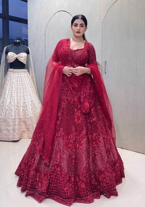 Red Sequin Work Net Lehenga Set
