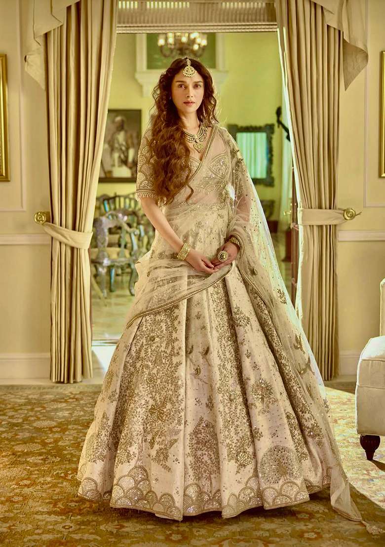 Beige Sequin Work Silk Blend Lehenga Set for Diwali and Festive Wear - Indya