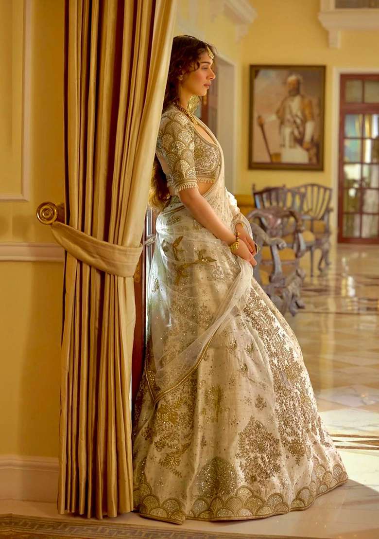 Beige Sequin Work Silk Blend Lehenga Set for Diwali and Festive Wear - Indya