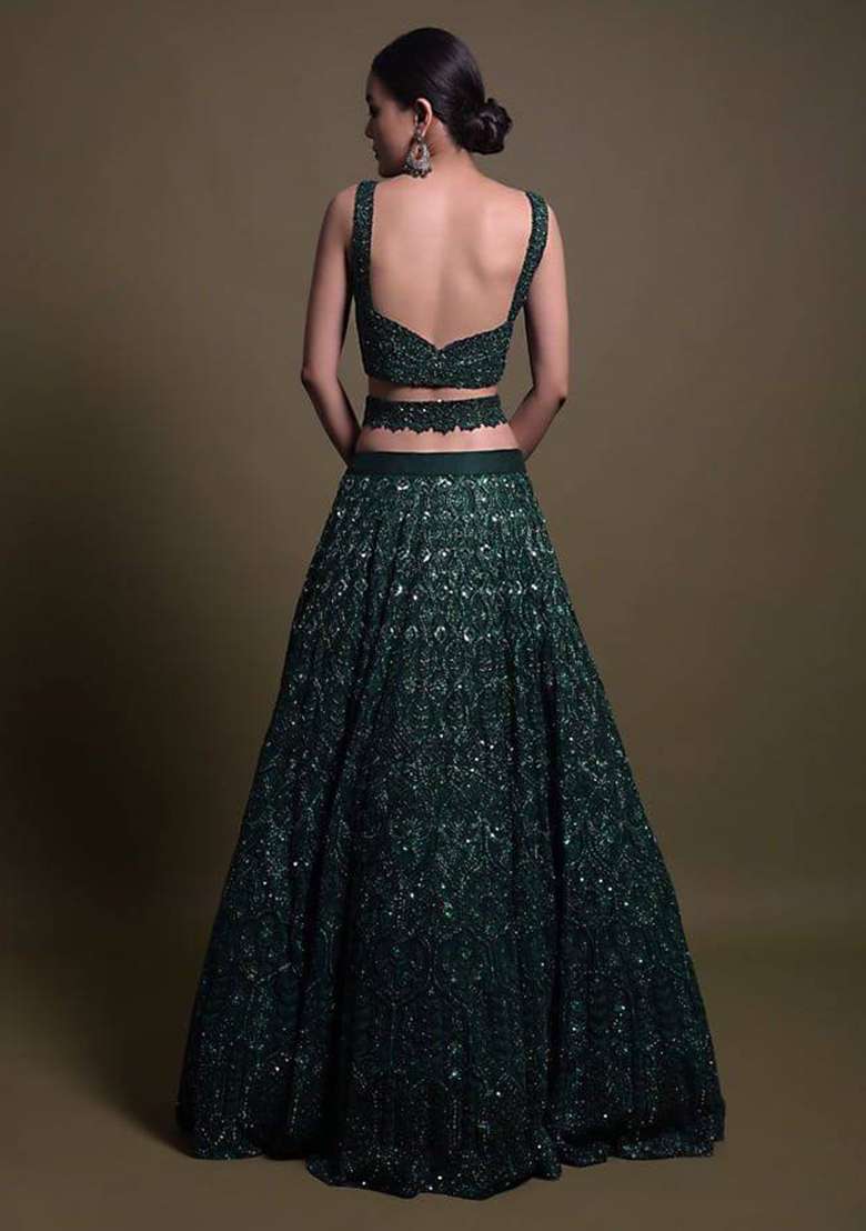 Green Sequin Work Net Lehenga Set for Diwali and Festive Wear - Indya