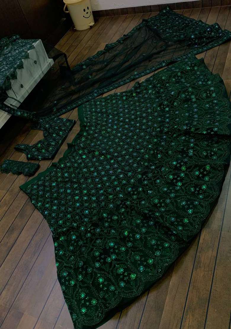 Green Sequin Work Net Lehenga Set for Diwali and Festive Wear - Indya