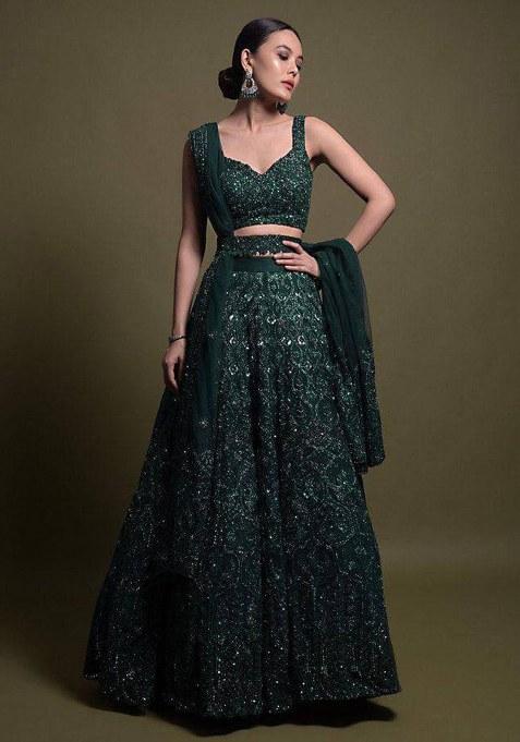 Green Sequin Work Net Lehenga Set