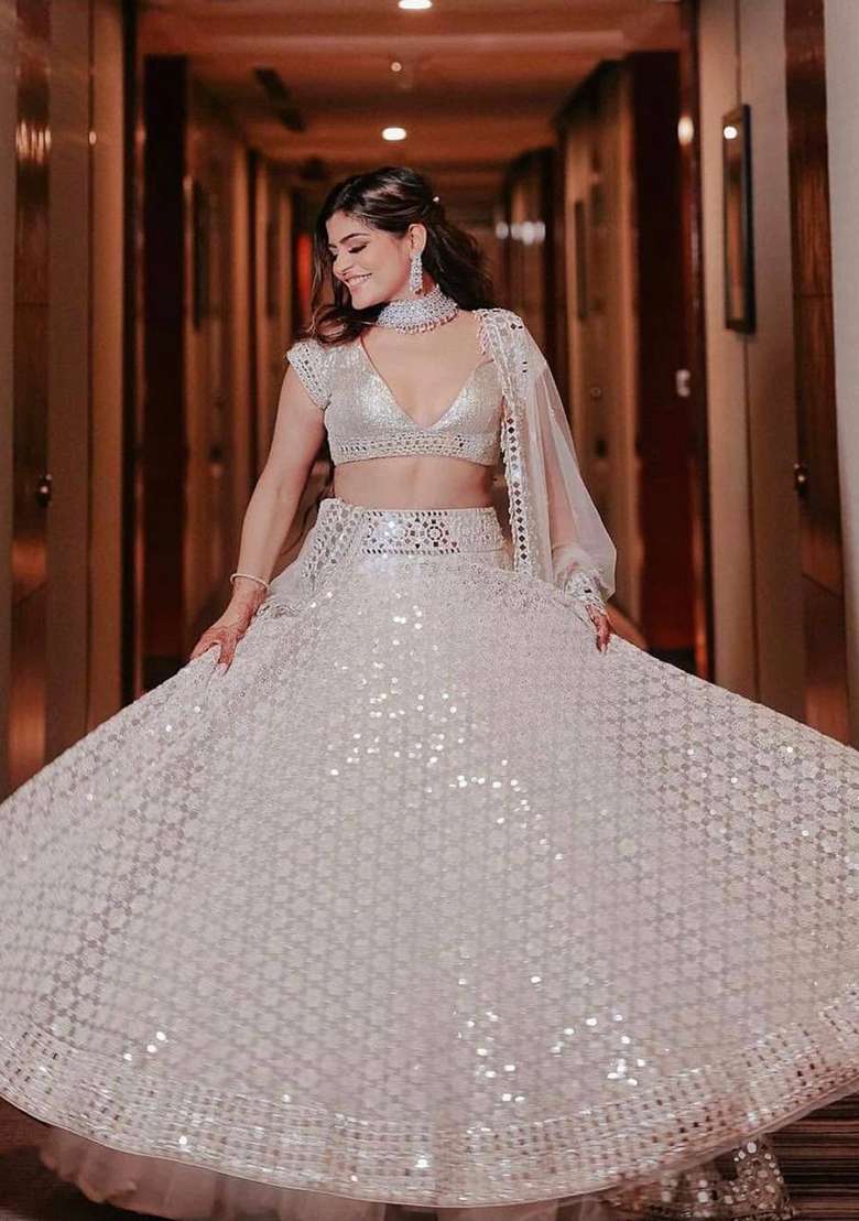 White Mirror Work Georgette Lehenga Set - Indya