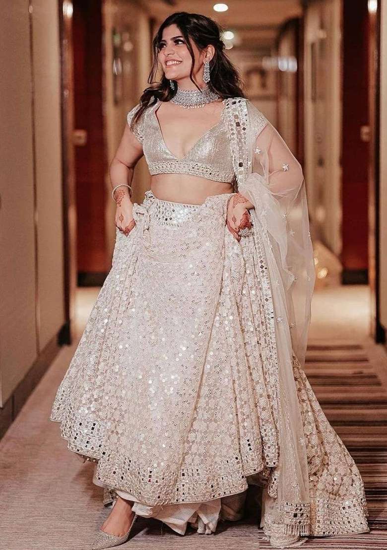 White Mirror Work Georgette Lehenga Set - Indya