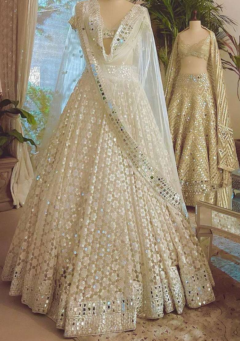 White Mirror Work Georgette Lehenga Set - Indya