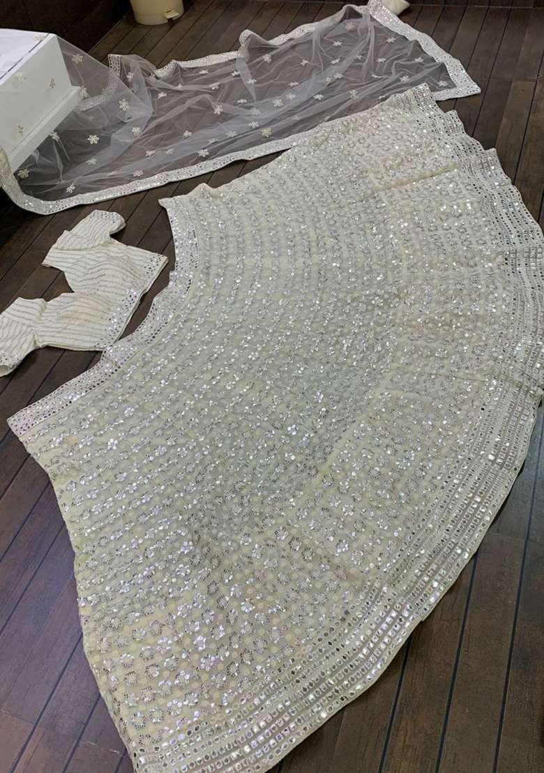 White Mirror Work Georgette Lehenga Set - Indya