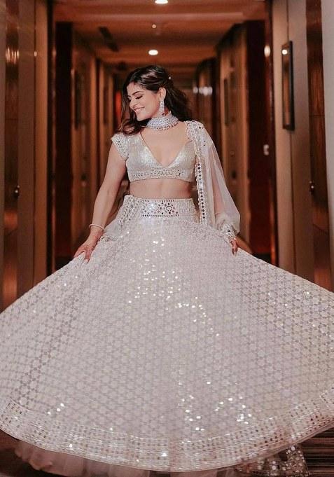 White Mirror Work Georgette Lehenga Set