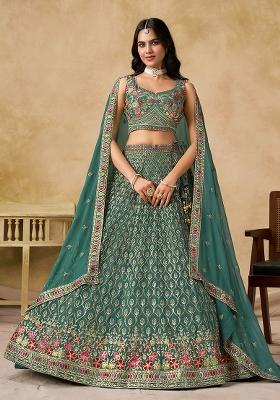 Navy Blue Sequins And Thread Embroidery Work Georgette Lehenga Choli