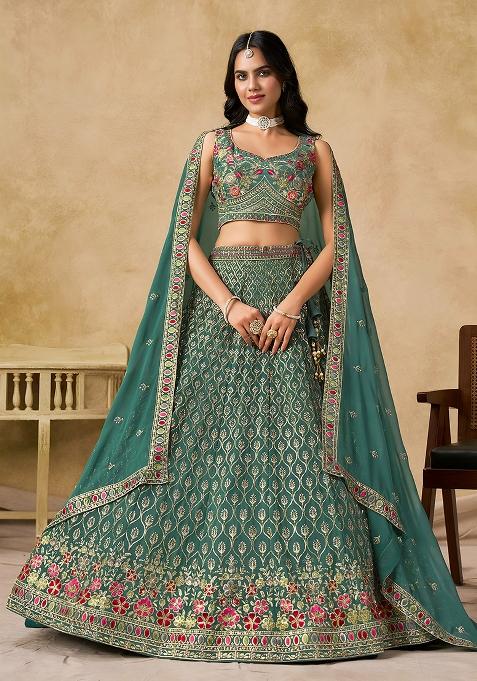 Navy Blue Sequins And Thread Embroidery Work Georgette Lehenga Choli