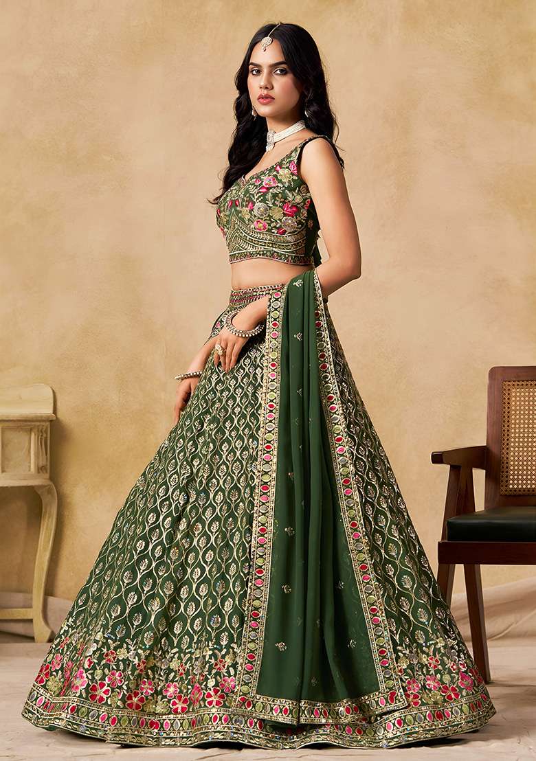 Green And Choli Georgette Lehenga with Embroidery & Sequins for Diwali | Wedding & Festive Wear - Indya