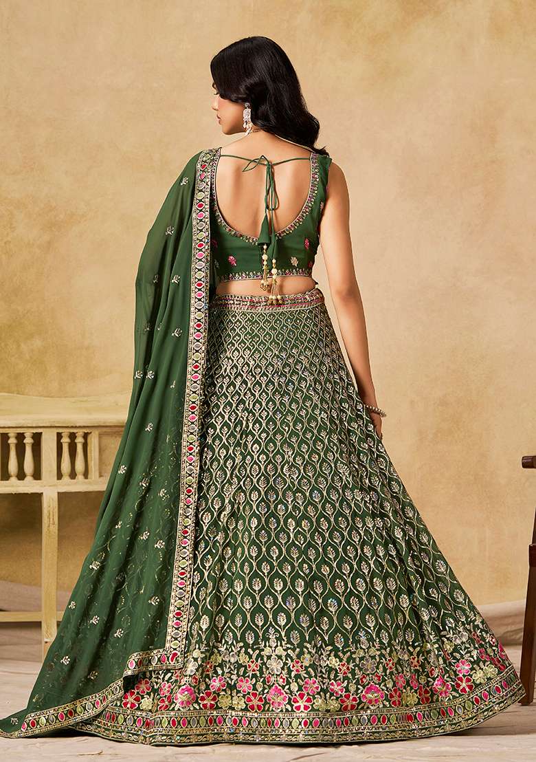 Green And Choli Georgette Lehenga with Embroidery & Sequins for Diwali | Wedding & Festive Wear - Indya
