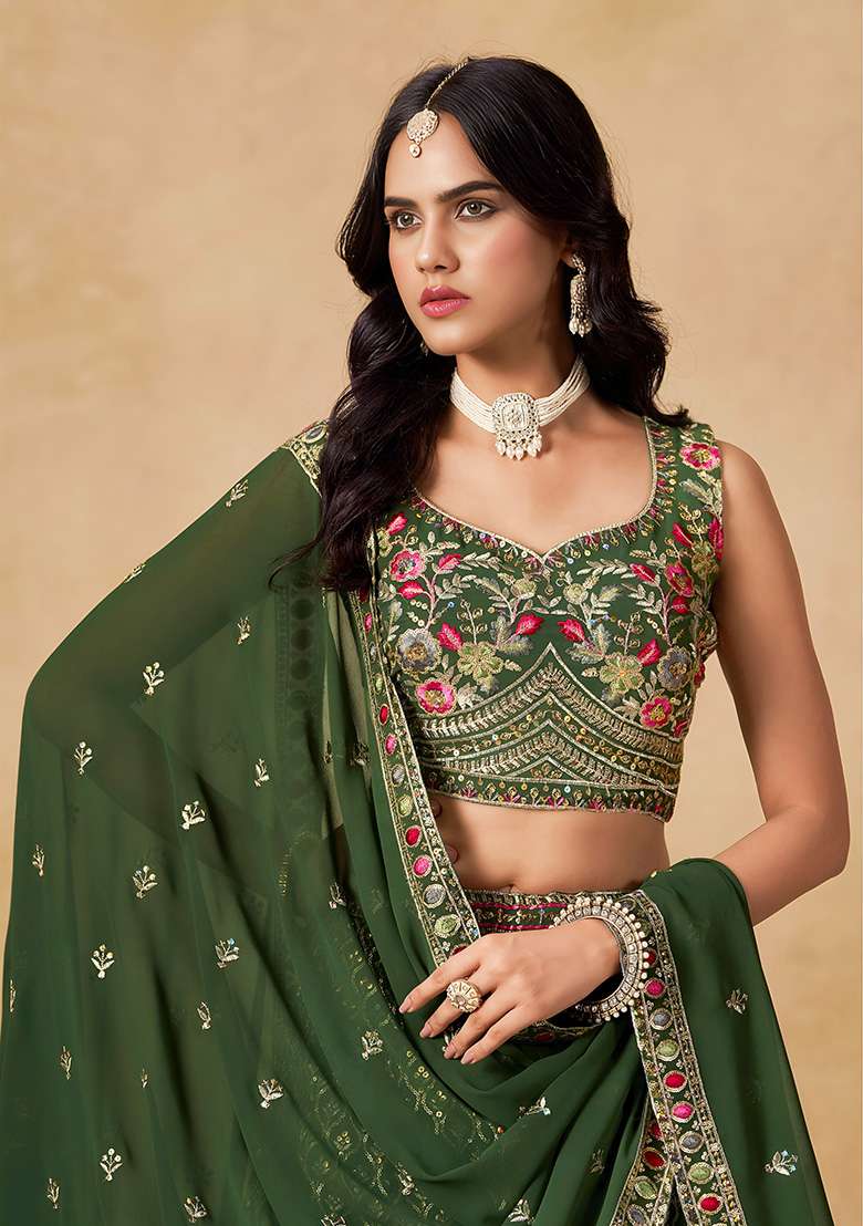 Green And Choli Georgette Lehenga with Embroidery & Sequins for Diwali | Wedding & Festive Wear - Indya