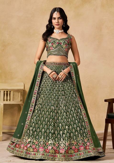 Green Sequins And Thread Embroidery Work Georgette Lehenga Choli