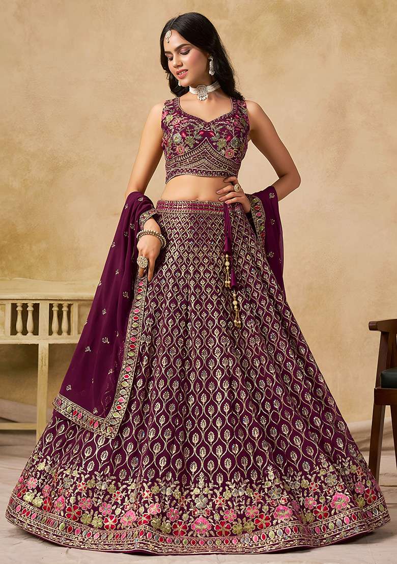 Maroon Sequins And Thread Embroidery Work Georgette Lehenga Choli for Diwali and Festive Wear - Indya