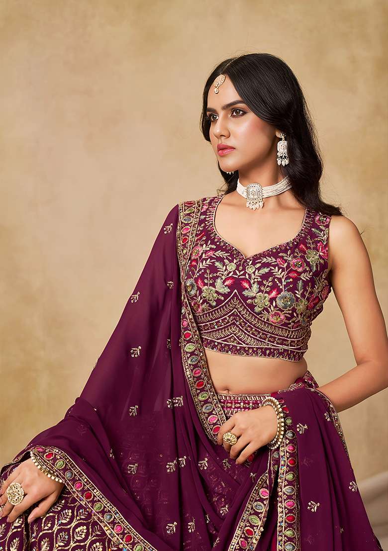 Maroon Sequins And Thread Embroidery Work Georgette Lehenga Choli for Diwali and Festive Wear - Indya