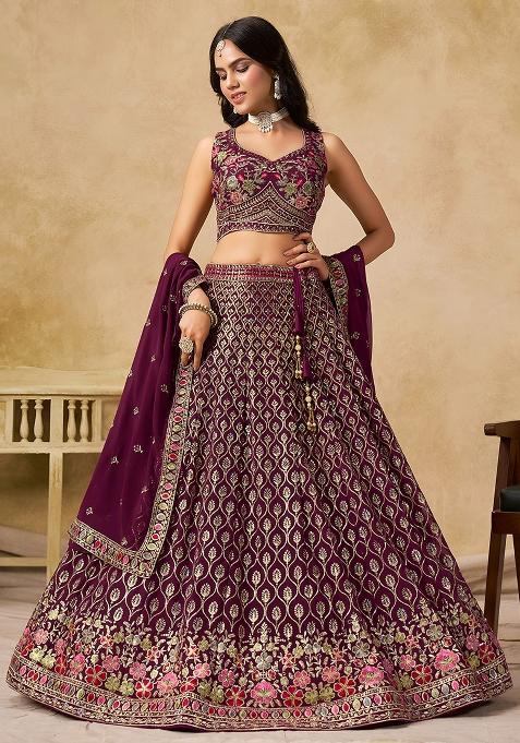 Maroon Sequins And Thread Embroidery Work Georgette Lehenga Choli