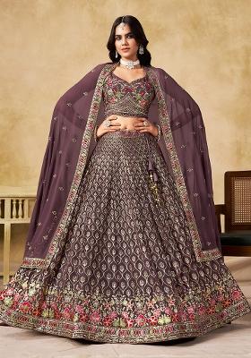 Purple Sequins And Thread Embroidery Work Georgette Lehenga Choli