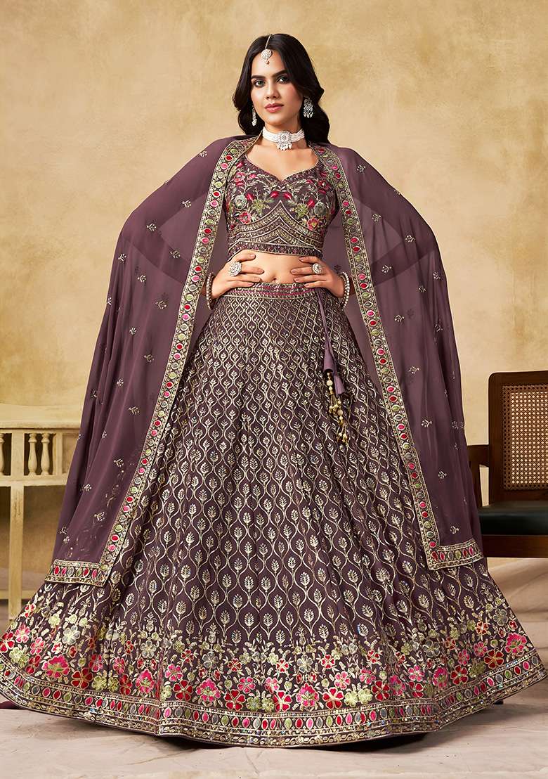 Purple Sequins And Thread Embroidery Work Georgette Lehenga Choli for Diwali and Festive Wear - Indya